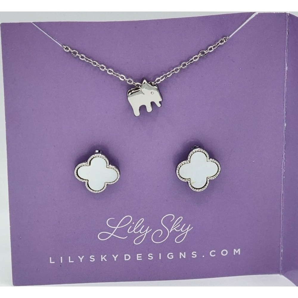 Lily Sky Elephant Necklace and White Quatrefoil Stud Earring Jewelry Set Silver